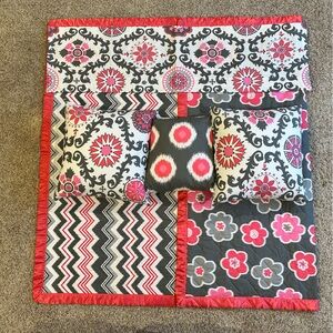 Reversible quilt, valance, and 3 pillows. Handmade ordered from Etsy.